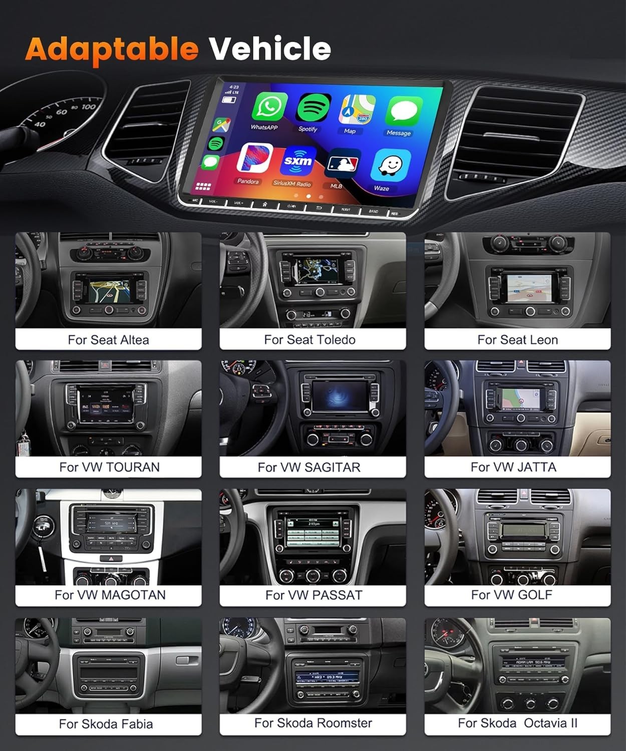 Podofo 2G+64G Car Stereo with Wireless Carplay Android Auto, 9″ Touch Screen