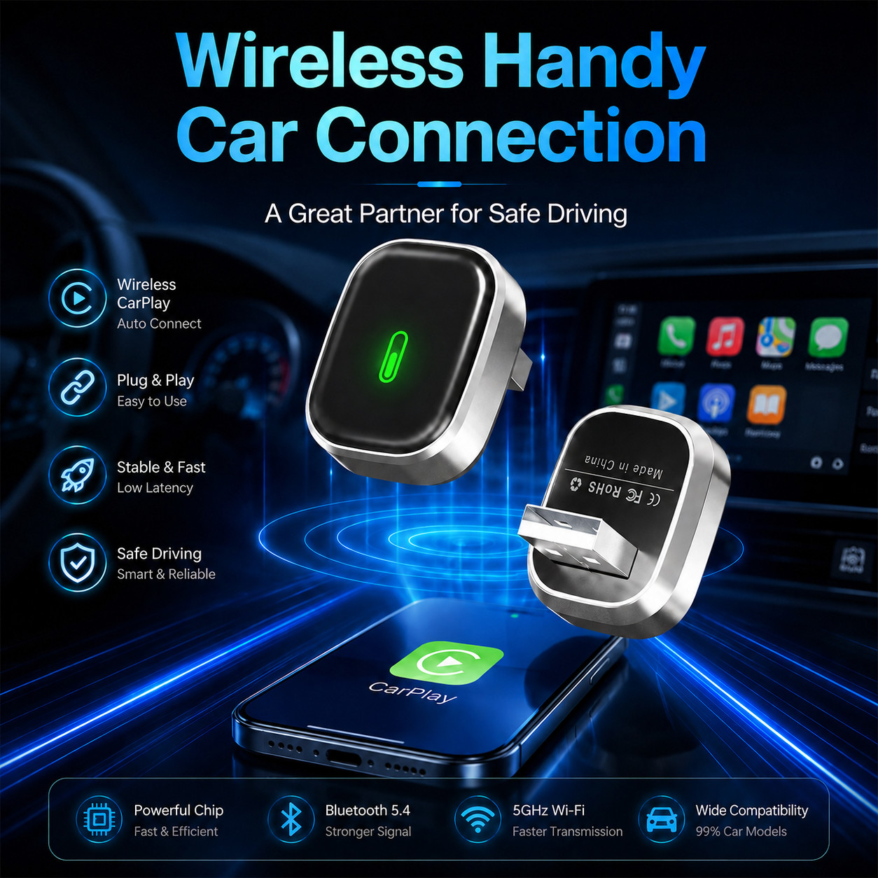 2 in 1 Wireless CarPlay Android Auto Adapter USB Plug & Play for iPhone Android