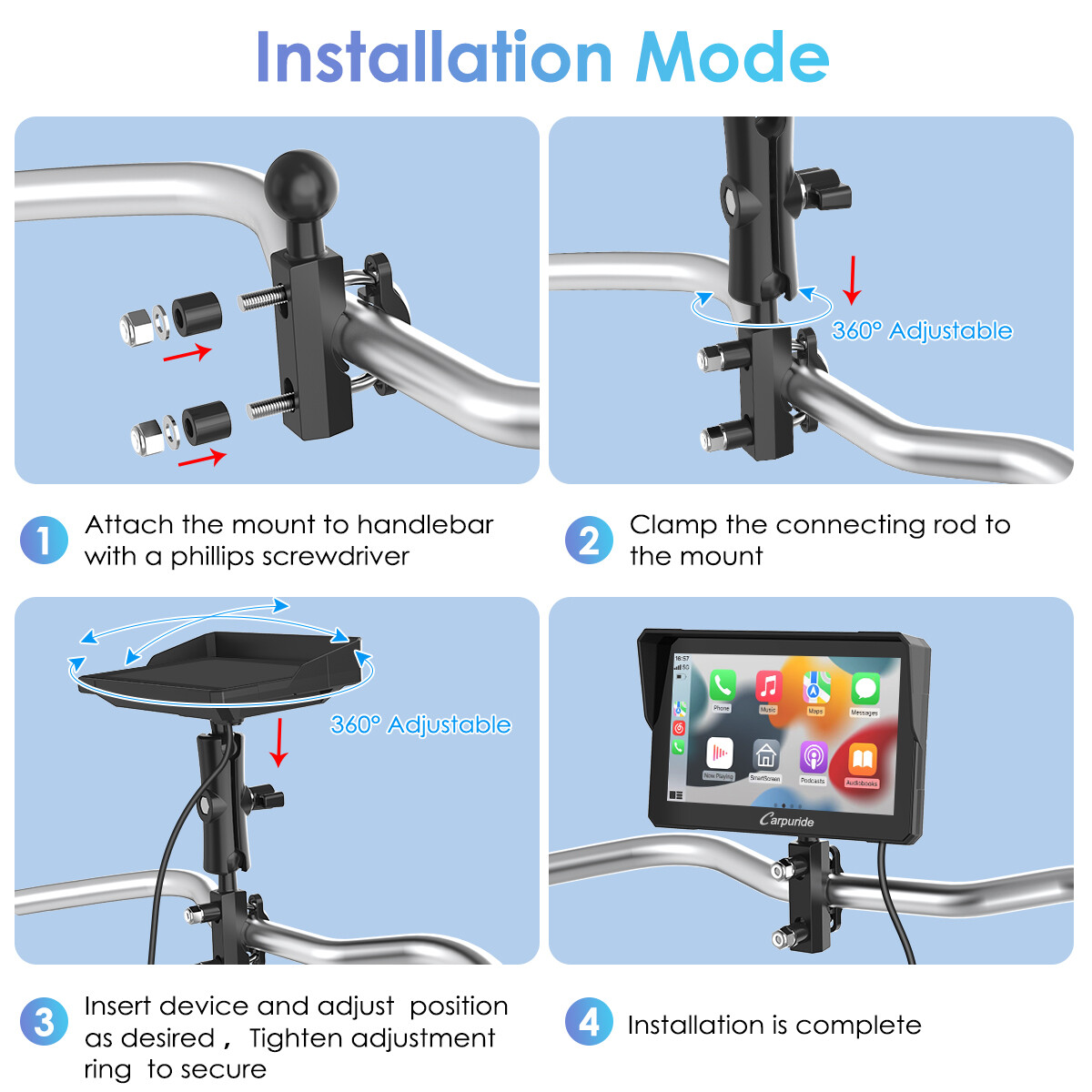 Carpuride 7Inch Motorcycle Stereo Bluetooth Wireless Apple CarPlay Android Auto