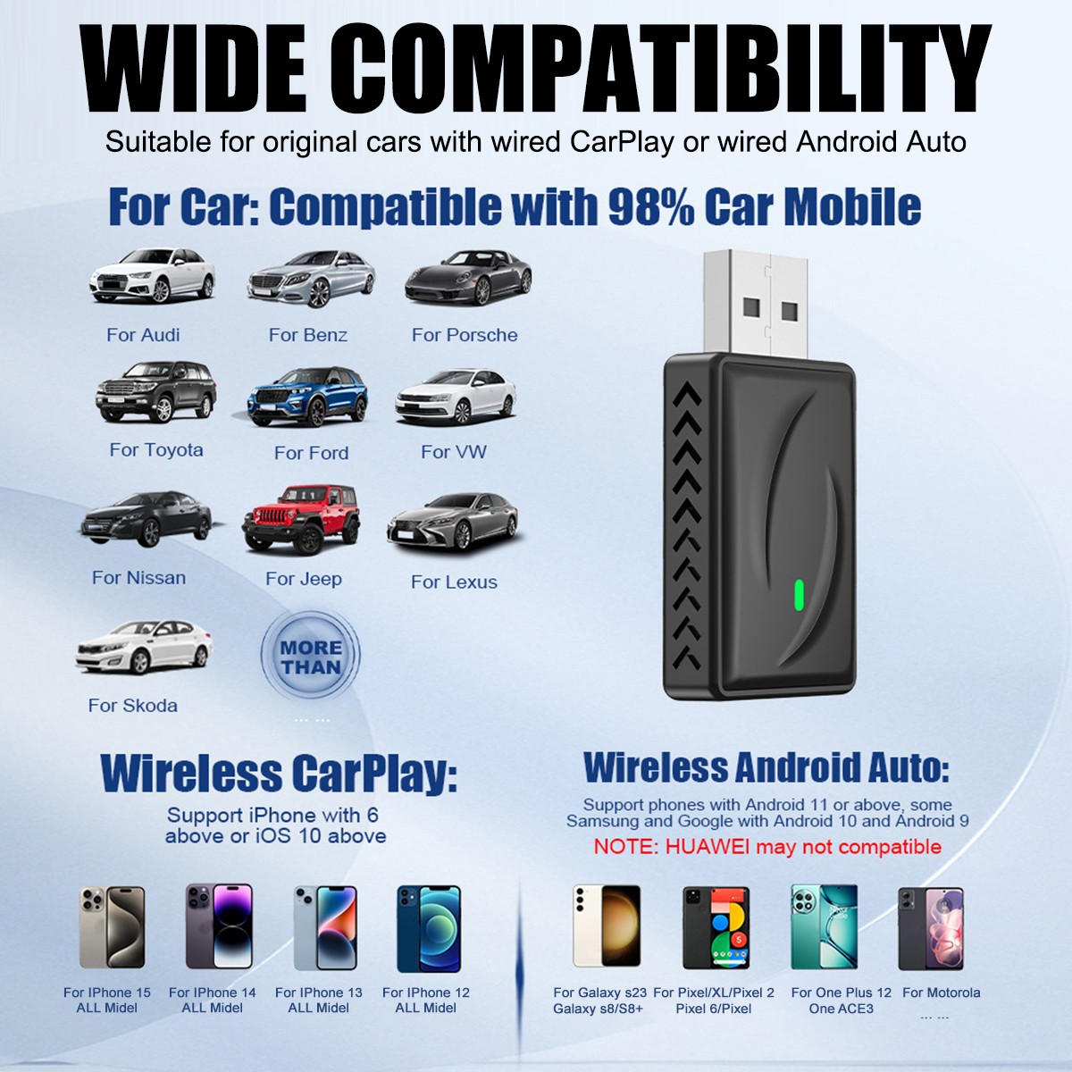 2 in 1 Wireless Android Auto Adapter Carplay Adapter USB Car Dongle Connect Box.