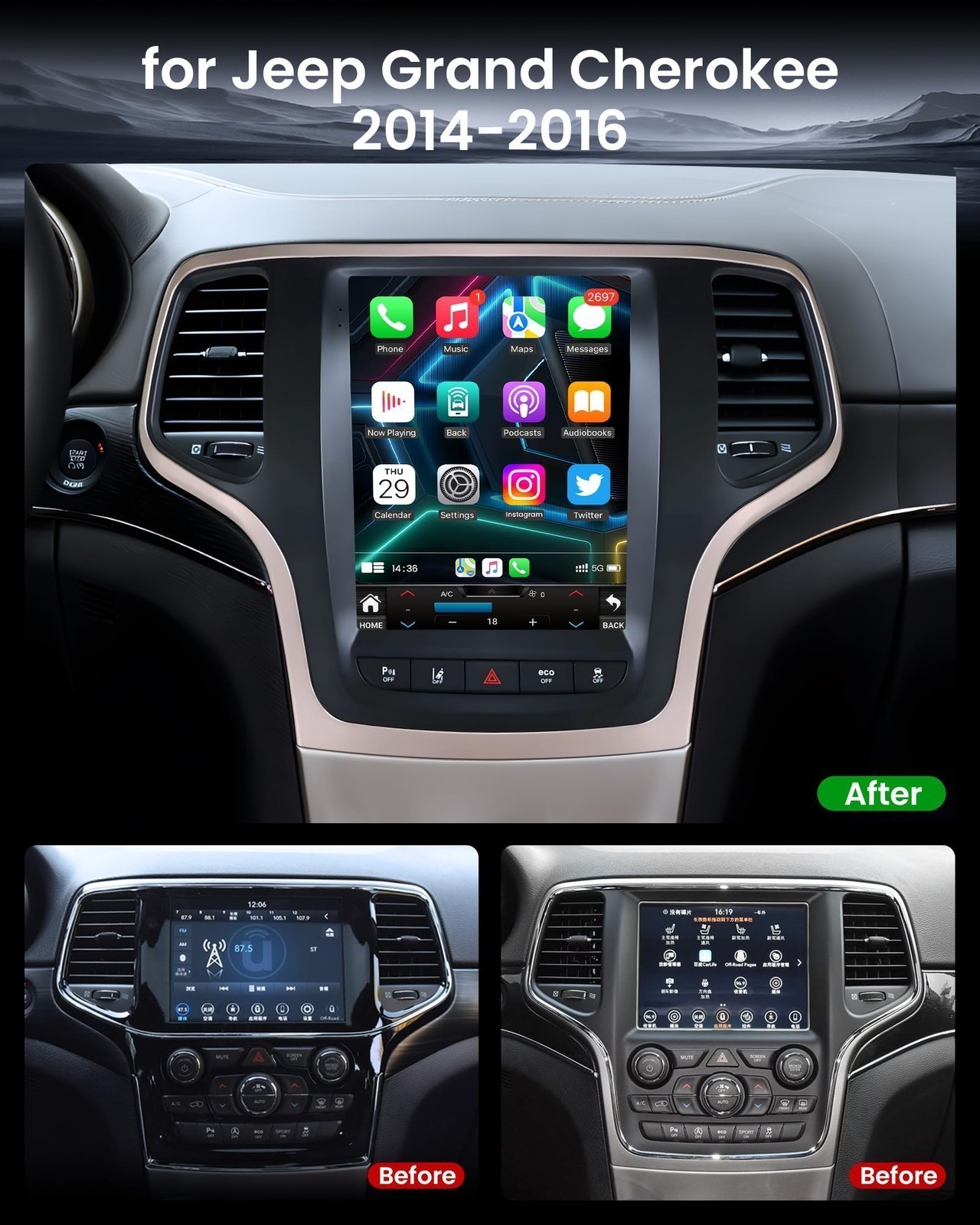 For 2014-2016 Grand Cherokee Carplay Radio GPS Navi Android 13 Bluetooth FM RDS