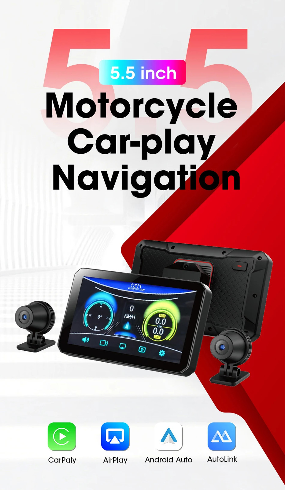 5.5 inch Carplay For Motorcycle 2K HD DVR GPS Navigation Wireless Android Auto
