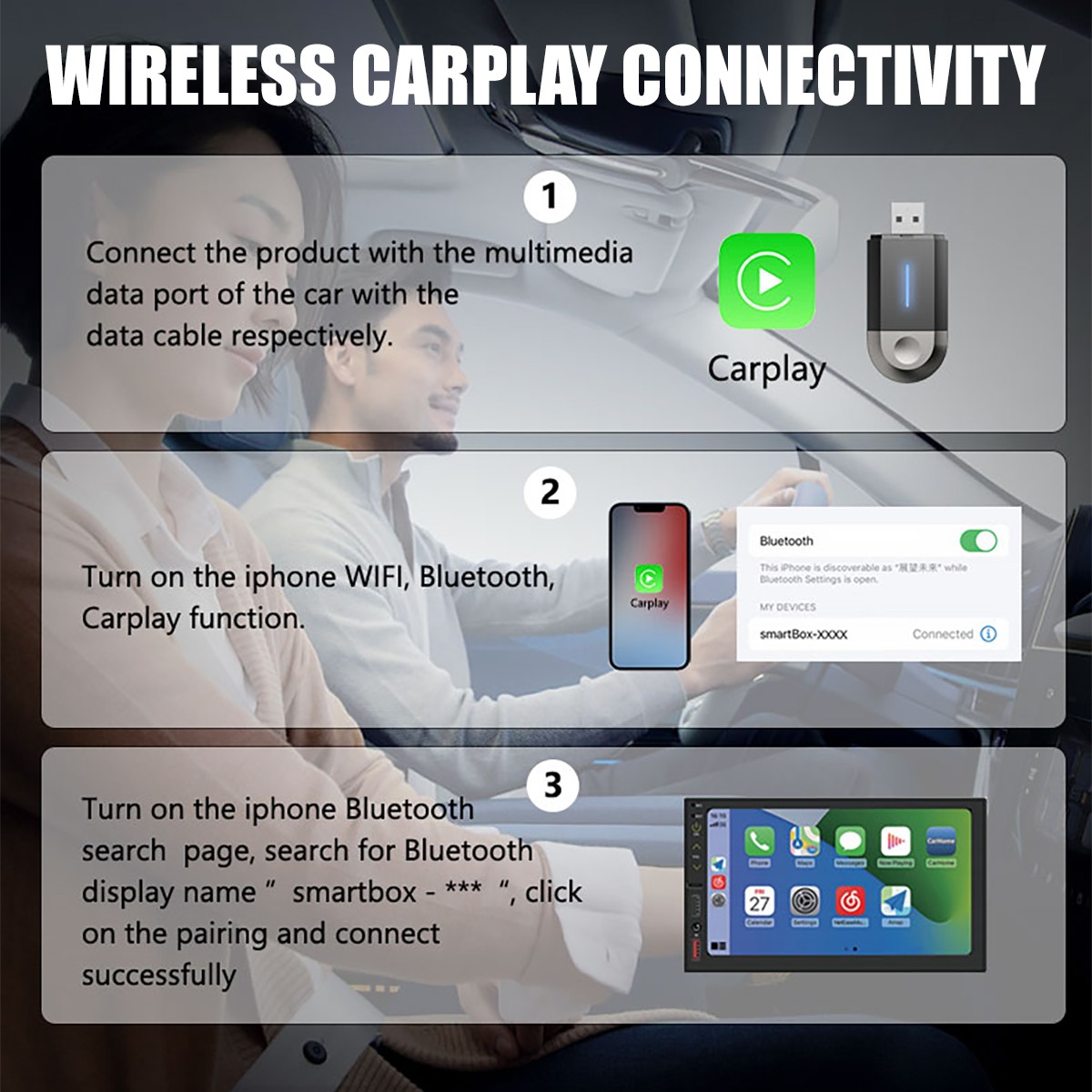 2in1 Wireless CarPlay Adapter Plug&Play For iPhone Apple Wireless Carplay Dongle