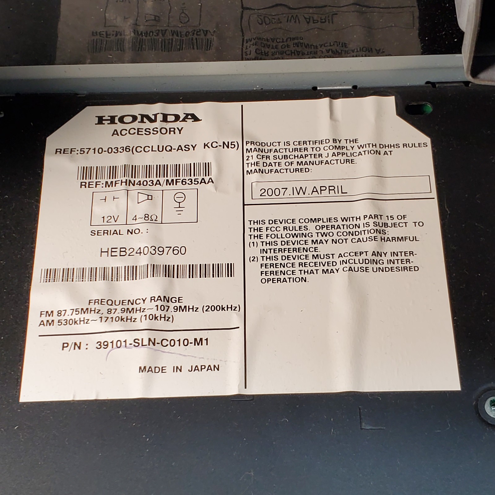 2007-2008 Honda Fit Radio AM-FM-CD Player Assembly OEM Bezel NO CODE UNTESTED