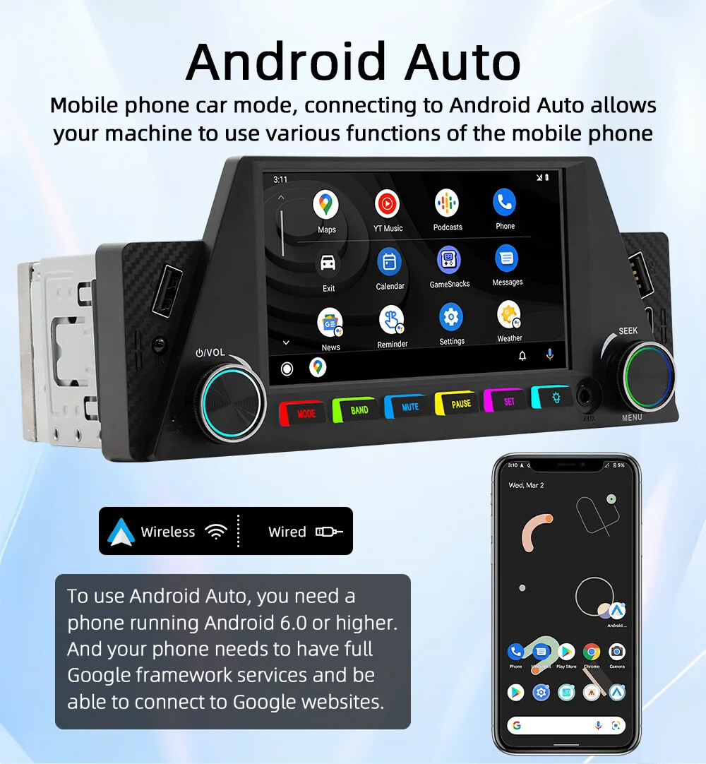 1Din 6.86 Inch Car Radio with Wireless Carplay Android Auto BT MP5 Multimedia