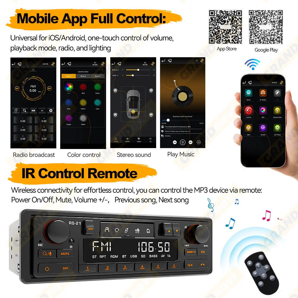 1DIN Retro Car Radio MP3 Player Bluetooth AM FM RDS Classic Stereo