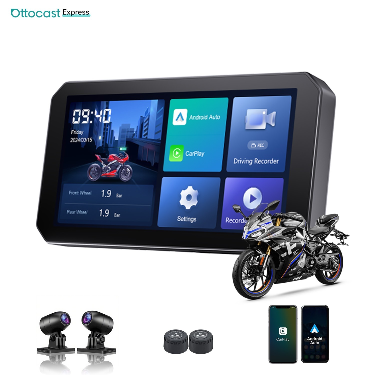 5″ Portable Wireless CarPlay Android Auto Adapter IPS Touch Screen for Motorcycl