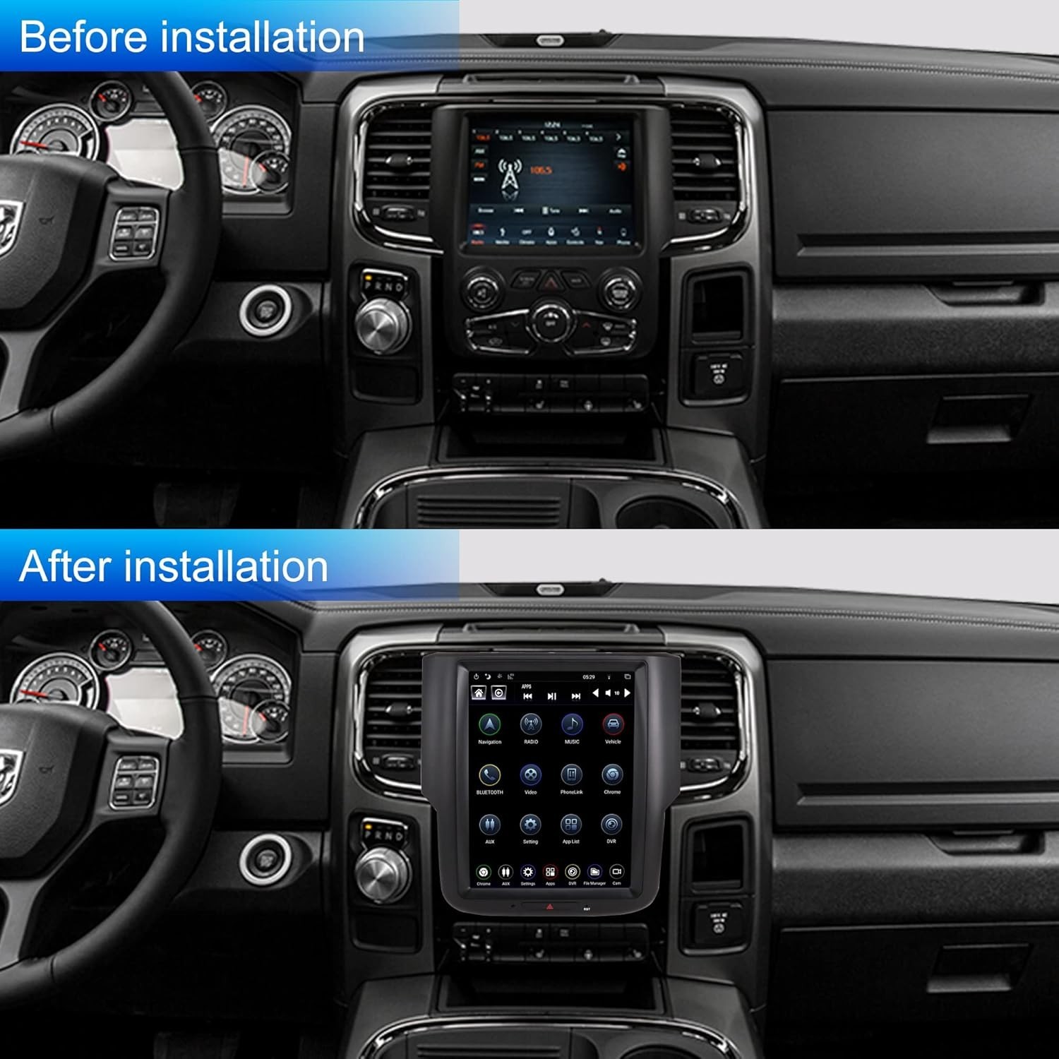 Car Radio for Dodge RAM 2014-2018 Trucks 1500 2500 3500 4+64G. 10.4 Inch