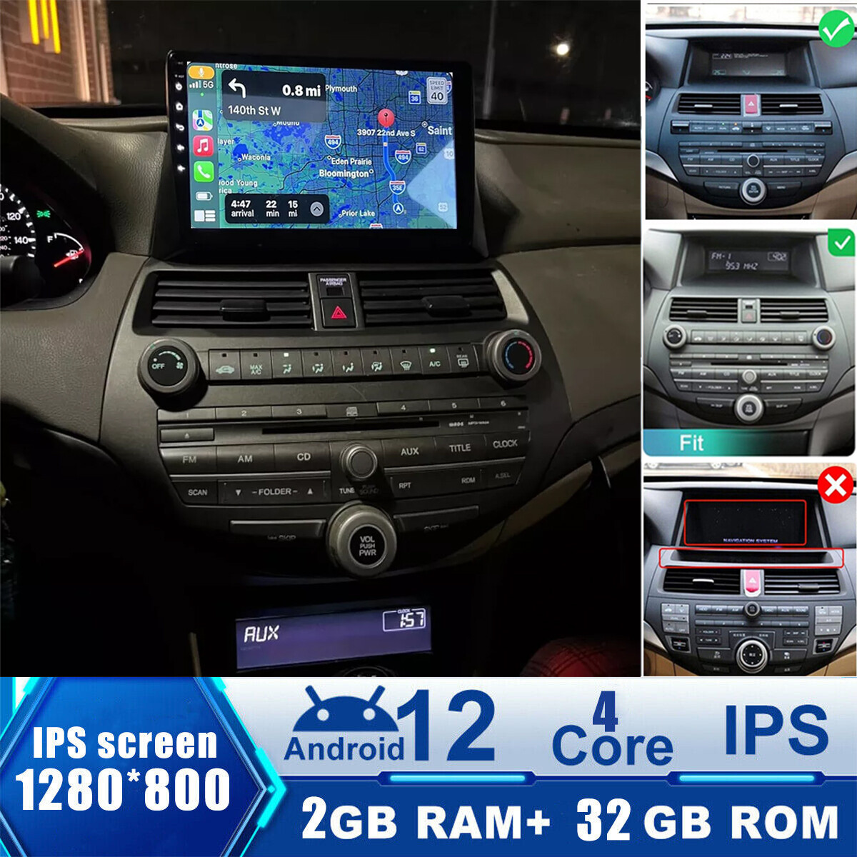 FOR HONDA ACCORD 2008-2012 ANDROID AUTO APPLE CARPLAY CAR STEREO GPS NAVI RADIO