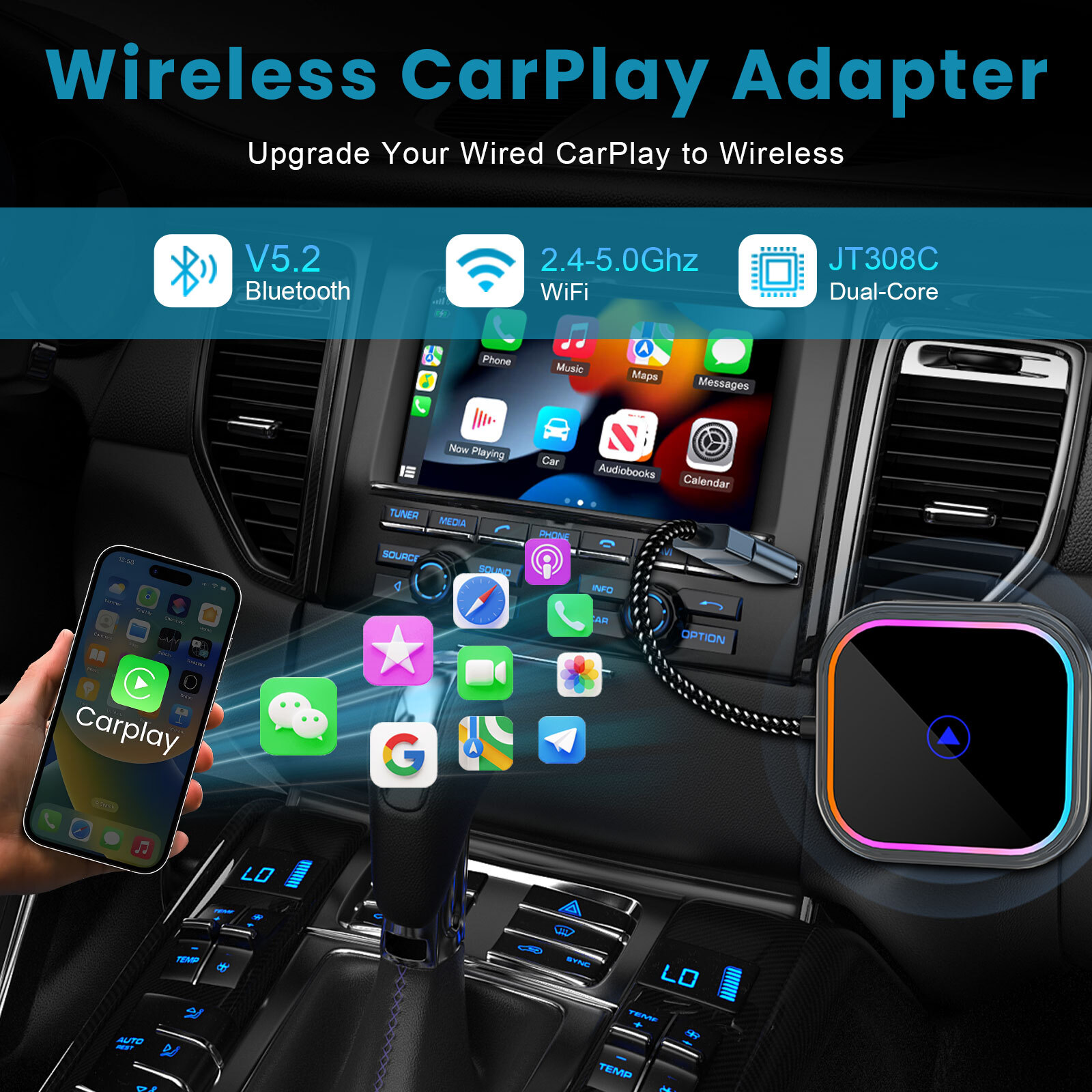 2 in 1 Wireless Carplay Adapter, Wireless Carplay and Android Auto Adapter 5.0