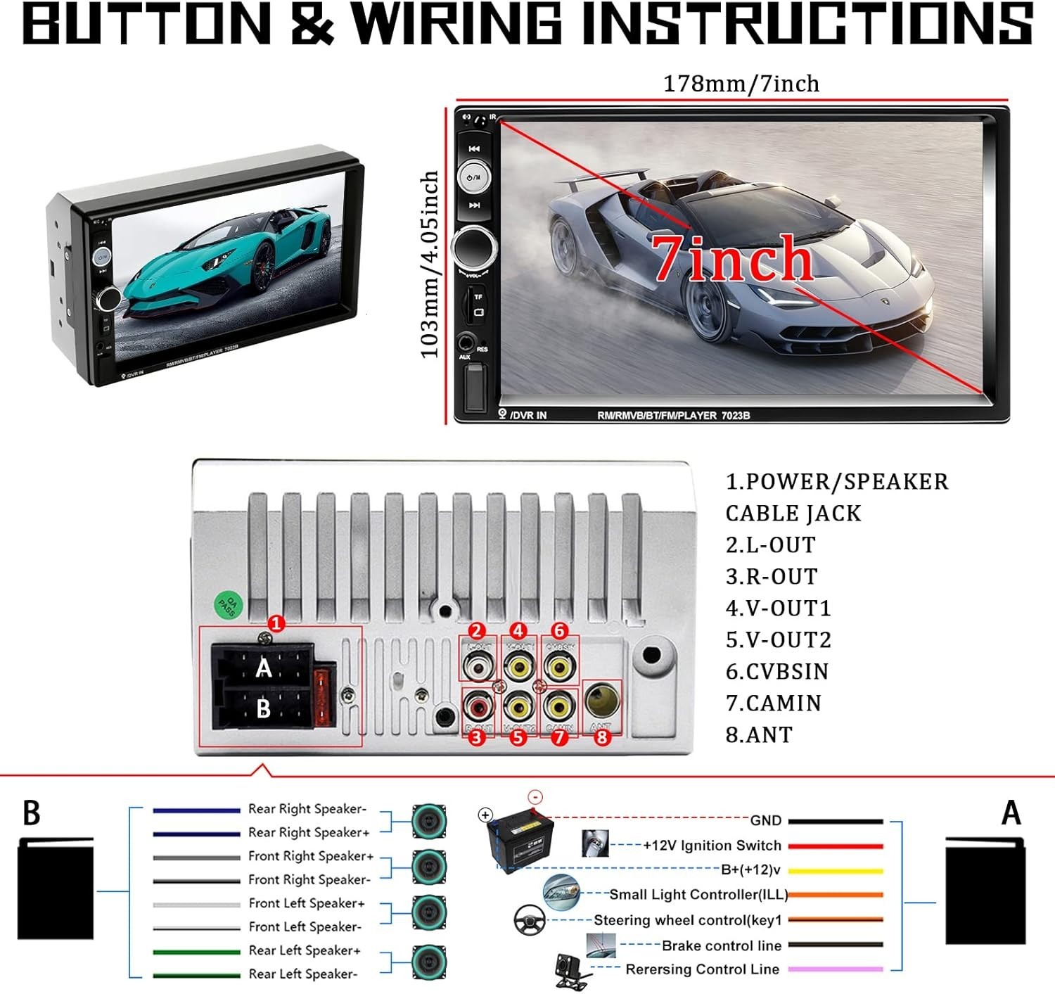 7″ Double Din Car Stereo MP5 Touchscreen Bluetooth Radio Mirror Link + Camera