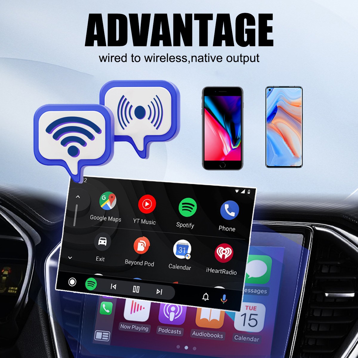 2 in 1 Wireless Android Auto Adapter Carplay Adapter USB Car Dongle Connect Box.