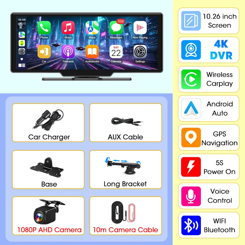 Jansite New 10.26” 4K Dashcam Wireless CarPlay Rearview Dual Lens DVR WiFi GPS