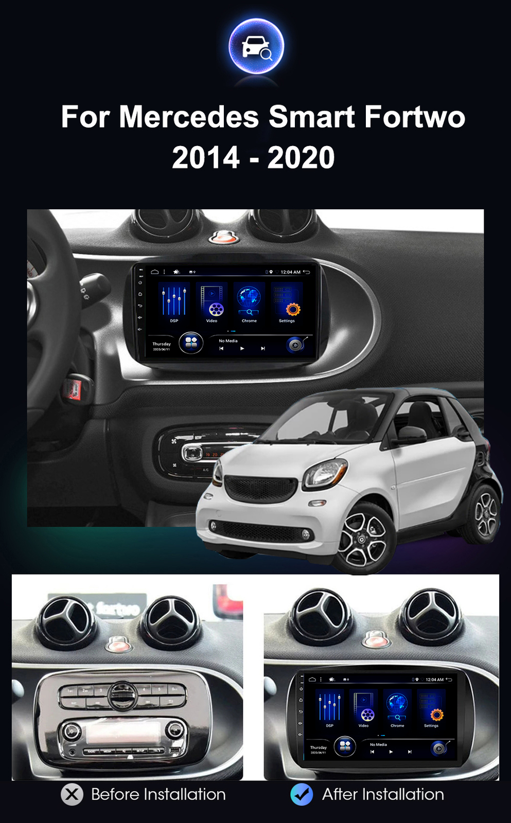 4GB+64GB For Mercedes-Benz Smart Fortwo Car Stereo Radio GPS Android 14 Car Play