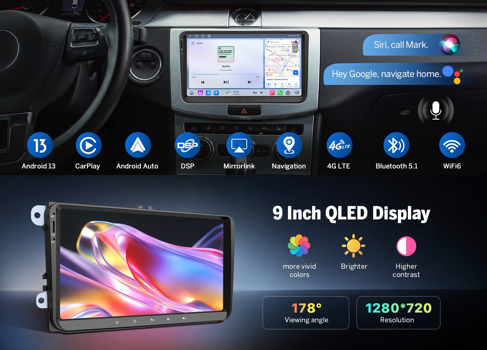 9″ QLED 6+64 Android 13 Car Stereo Wireless CarPlay Audio for VW Passat B6 B7 CC