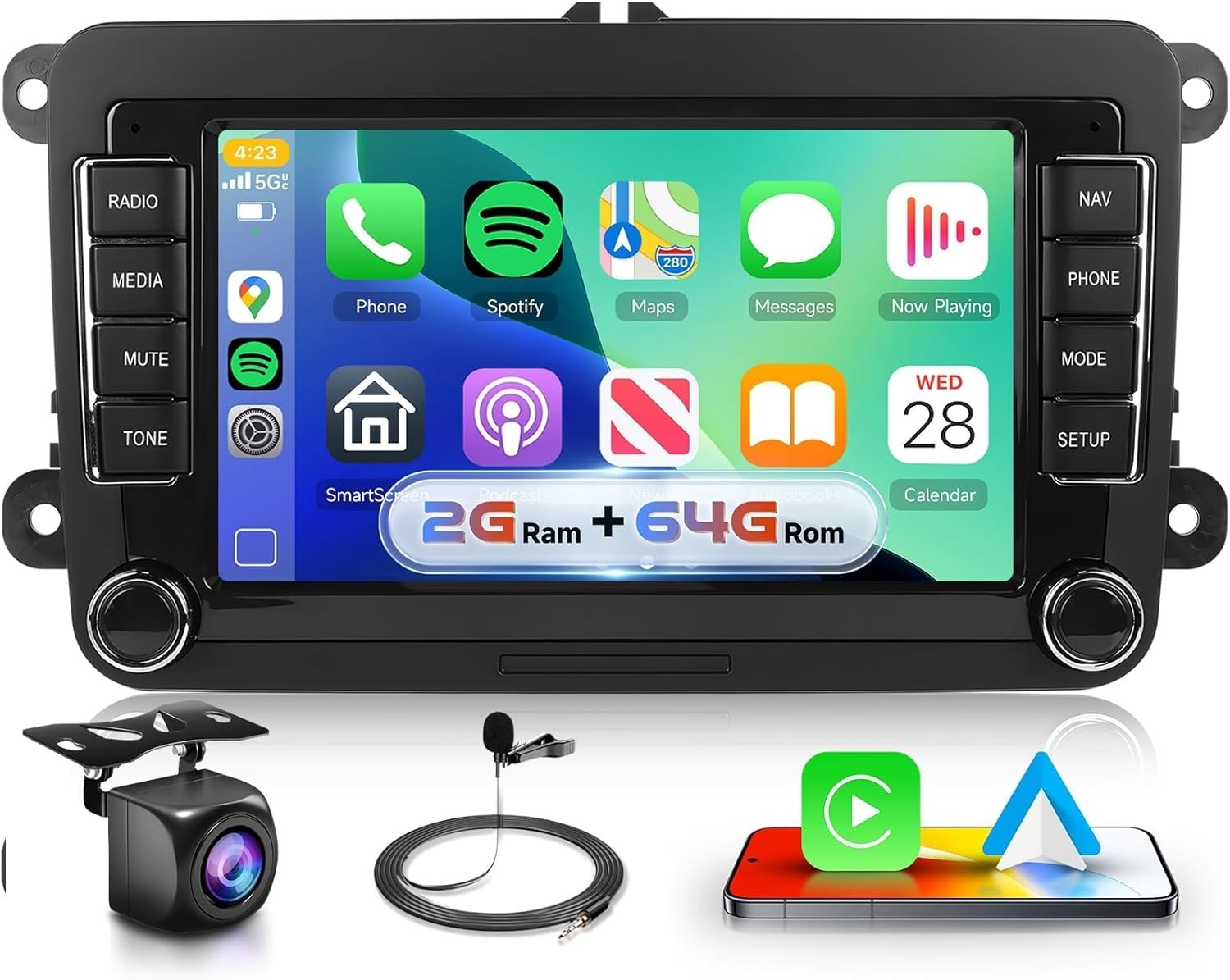 Podofo 2G+64G 7″ HD IPS Touchscreen Android Car Stereo Radio Wireless CarPlay