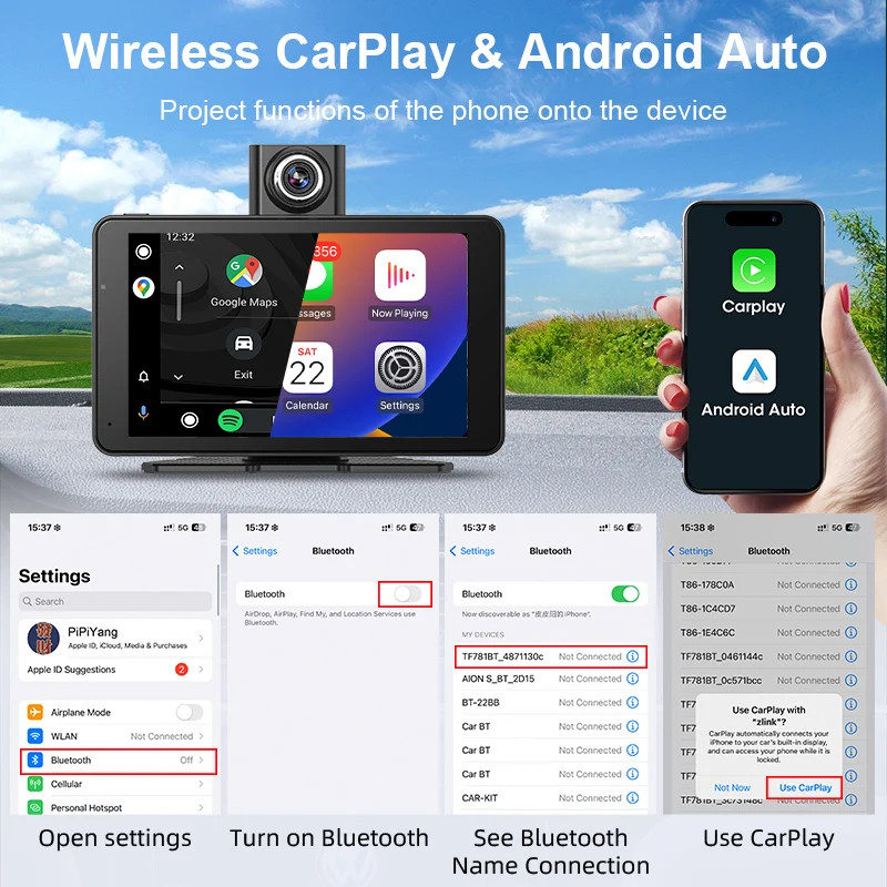 Jansite 7 Inch 2.5K Car DVR Wireless CarPlay Dash Cam GPS Vision Camera Mirror