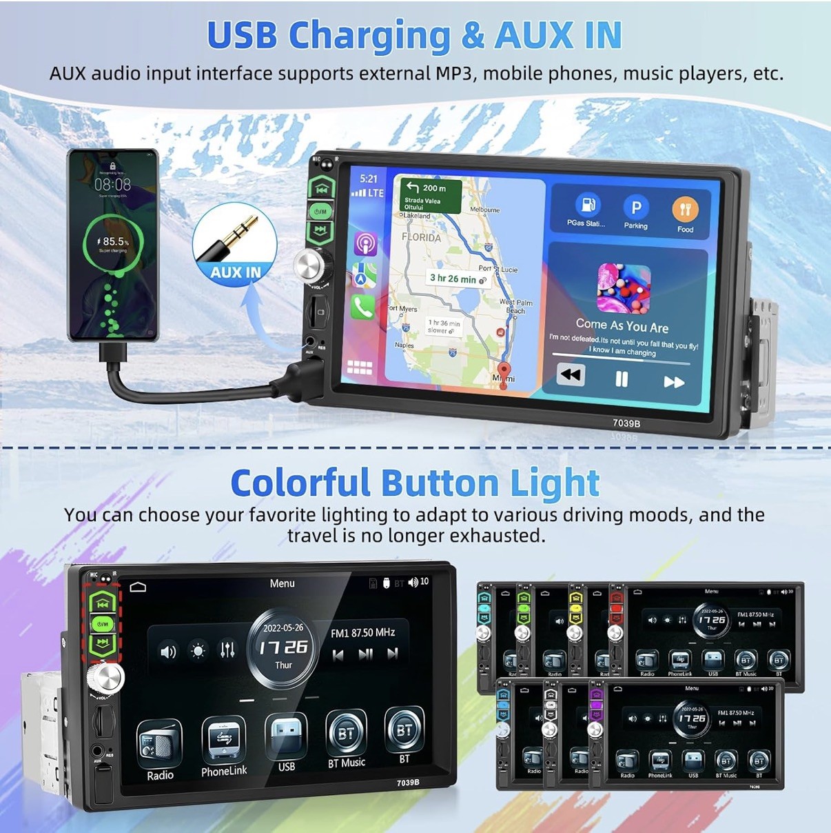 Podofo CarPlay Android Auto Single Din Car Stereo, 7″ HD Touchscreen 1 Din