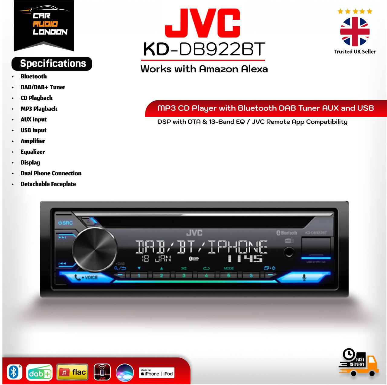 JVC KD-DB922BT 1-DIN Car Stereo, DAB+, Bluetooth, Amazon Alexa Ready, CD,USB/AUX
