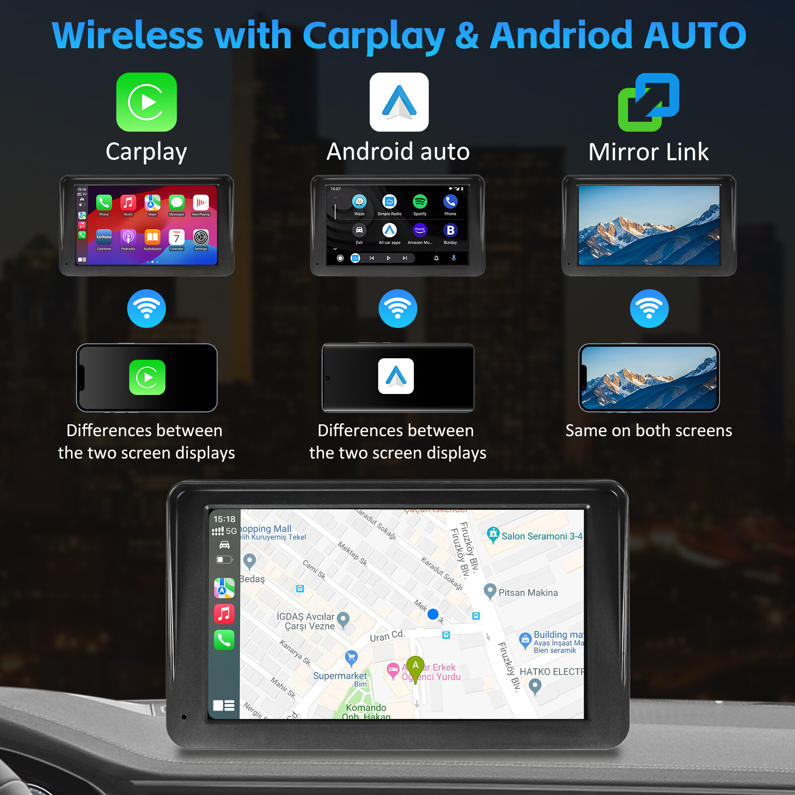 7 Inch Portable Car Radio Wireless Touch Screen Fit Apple Carplay & Android Auto