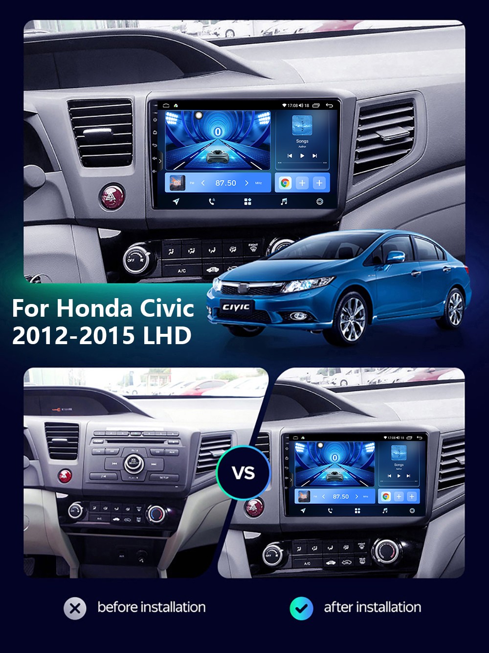 For Honda Civic 2012-2015 Android Auto Carplay GPS Navi Car Stereo Radio Video