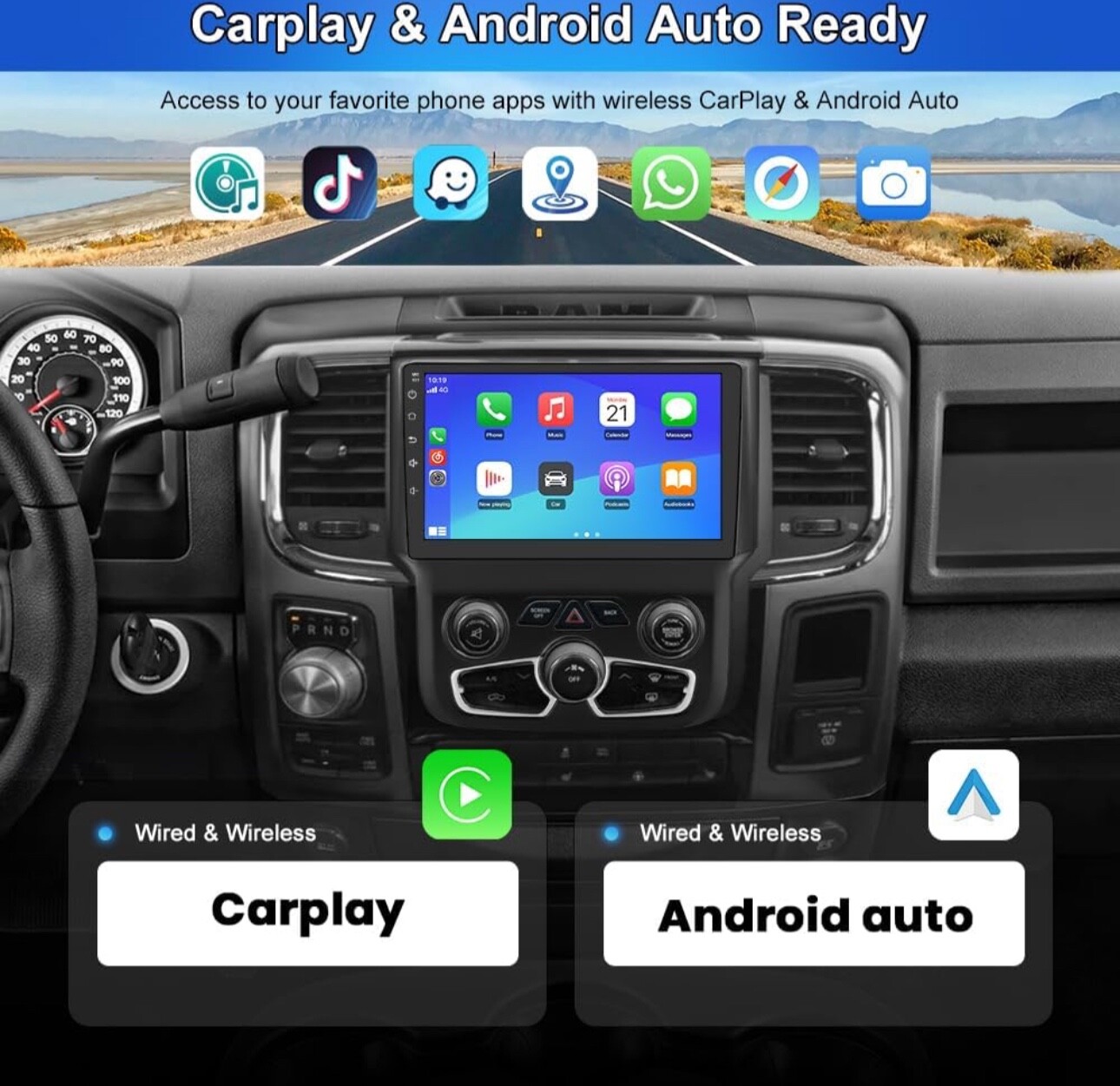 Car Radio Stereo for Dodge Ram 2013-2019 1500 2500 3500 Built in Carplay/Android