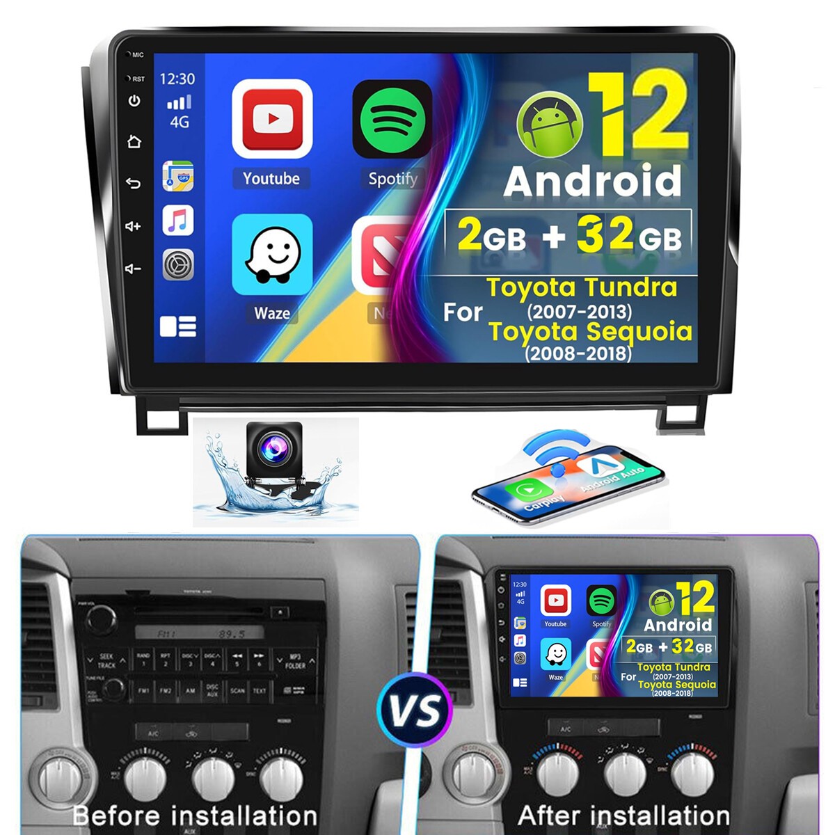 Car Radio Stereo Carplay For Toyota Tundra Sequoia 2+32G 10in Quad Core Radio
