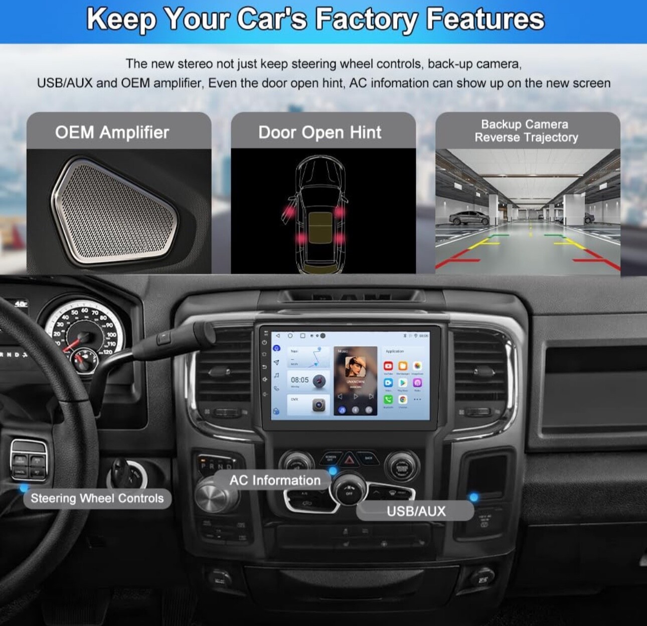 Car Radio Stereo for Dodge Ram 2013-2019 1500 2500 3500 Built in Carplay/Android