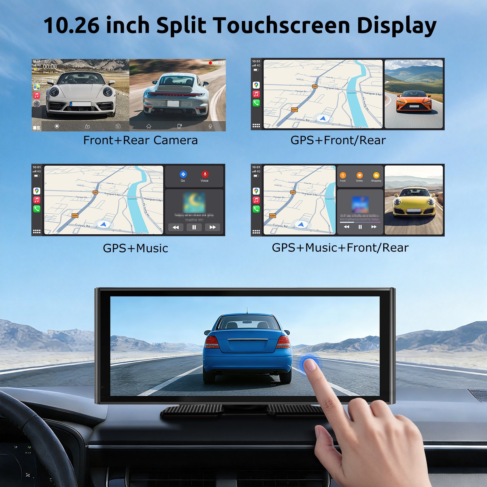 10.26″ Dash Cam 4K Touch Screen Car Stereo Portable Apple Carplay Android Auto