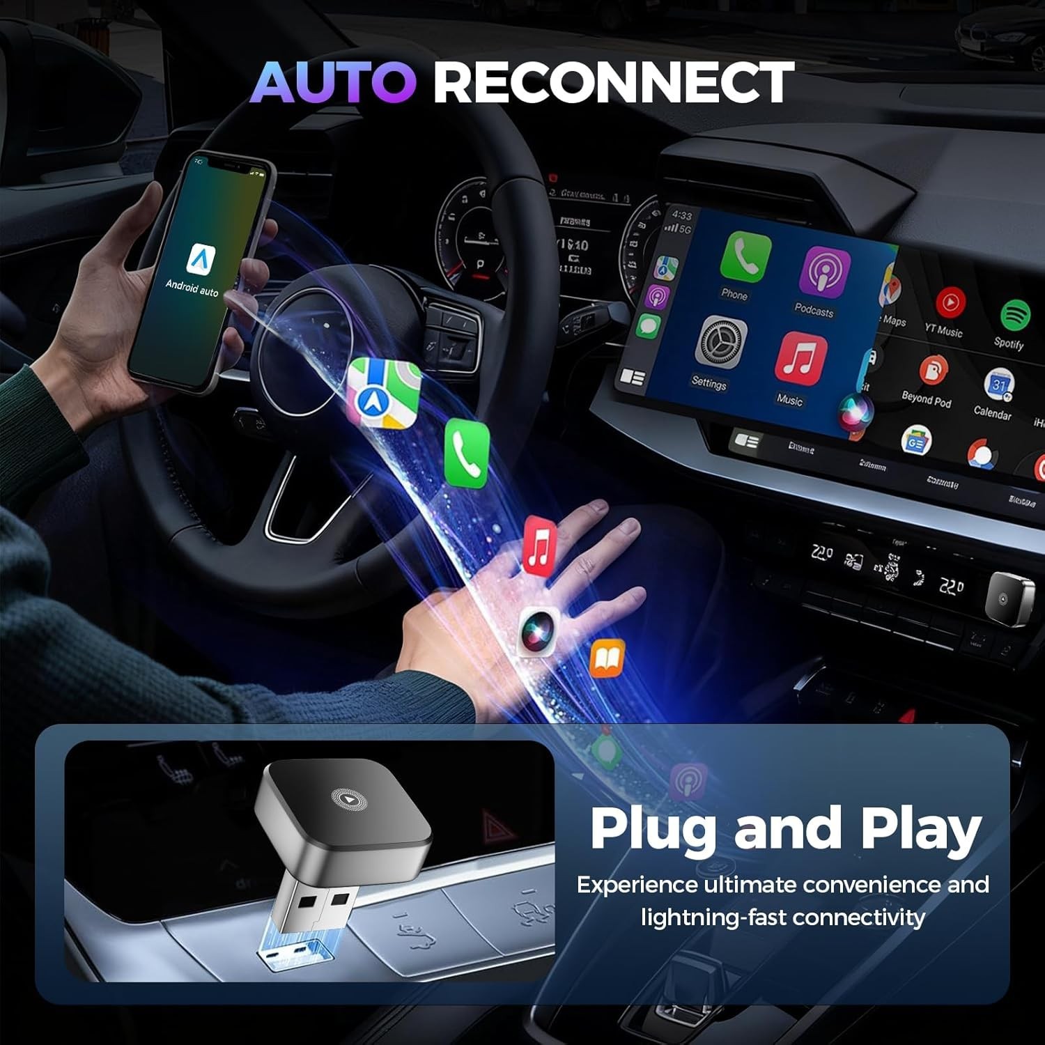 Seamless 2026 Wireless Android Auto & CarPlay Adapter, USB & Type-C Compatible