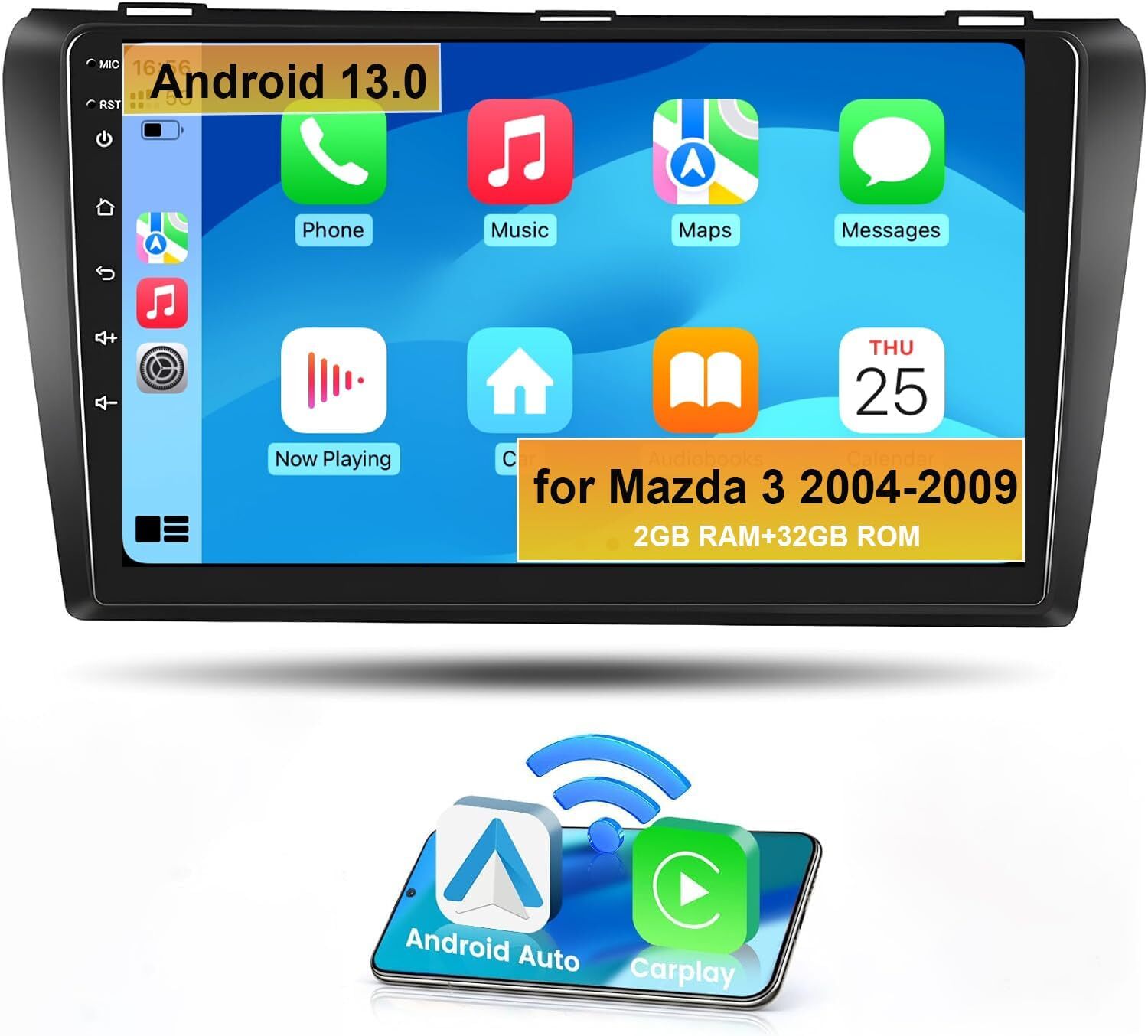 for Mazda 3 2004-2009 9″ Car Stereo Video GPS Android 13.0 Bluetooth WiFi 2+32GB