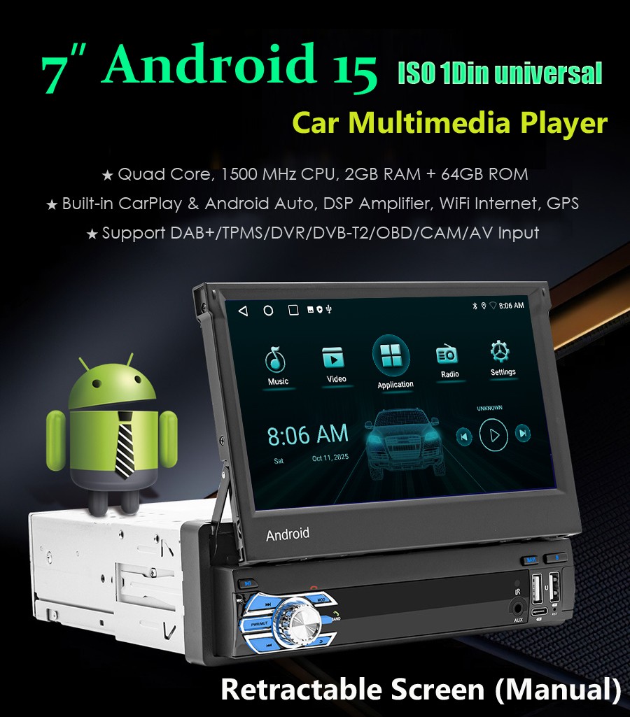 Universal 1DIN Android Car Radio Bluetooth GPS Sat Nav USB DAB+ CarPlay WIFI 64GB