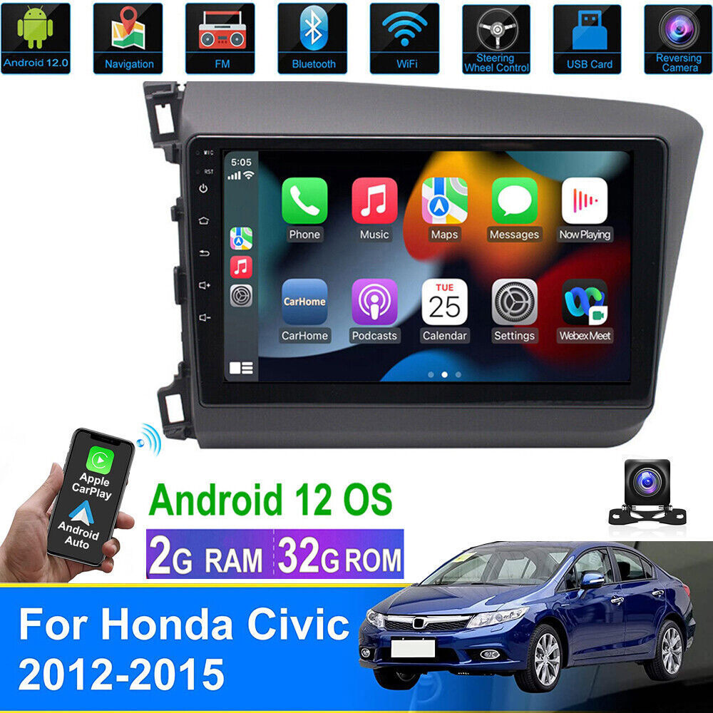 For Honda Civic 2012-2015 Apple CarPlay Android Auto Car Radio Stereo GPS Navi