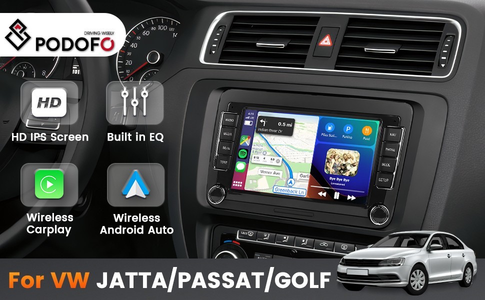 Podofo 2G+64G 7″ HD IPS Touchscreen Android Car Stereo Radio Wireless CarPlay