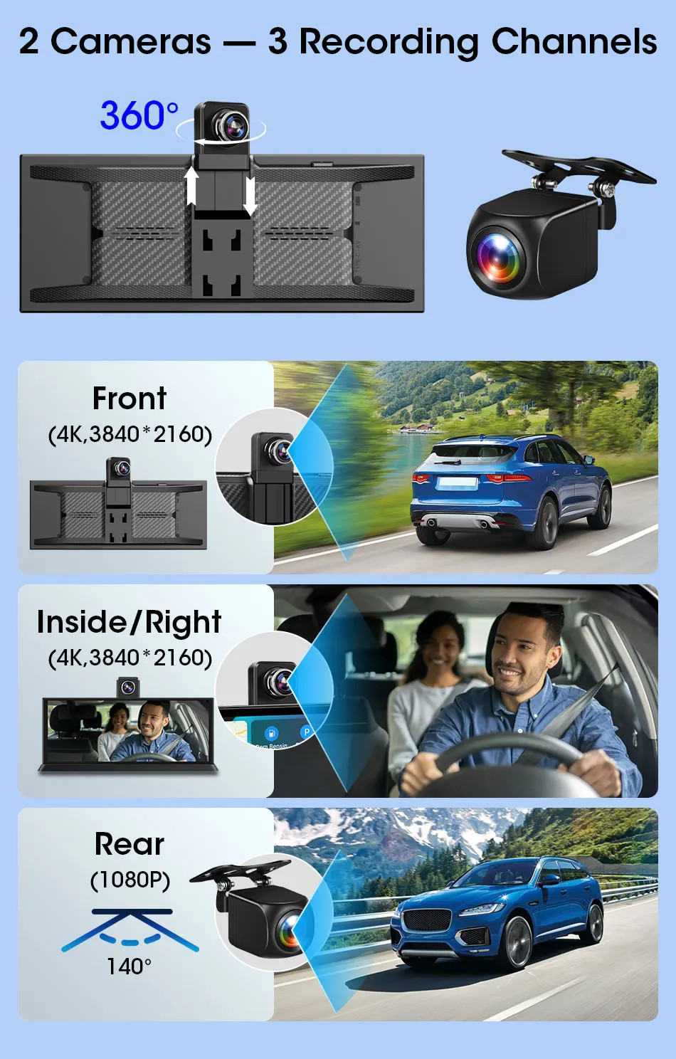 Janstie 11.26 inch Car DVR 4K Camera Rotatable Lens Recorder GPS Dashboard