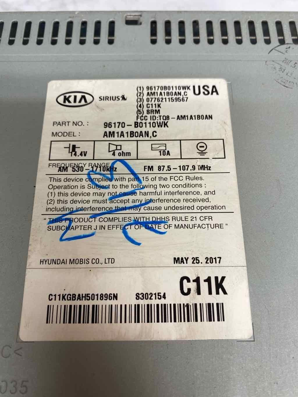 Kia Forte radio am fm 17 18 display receiver w/o navigation sed OEM 96170B0110WK