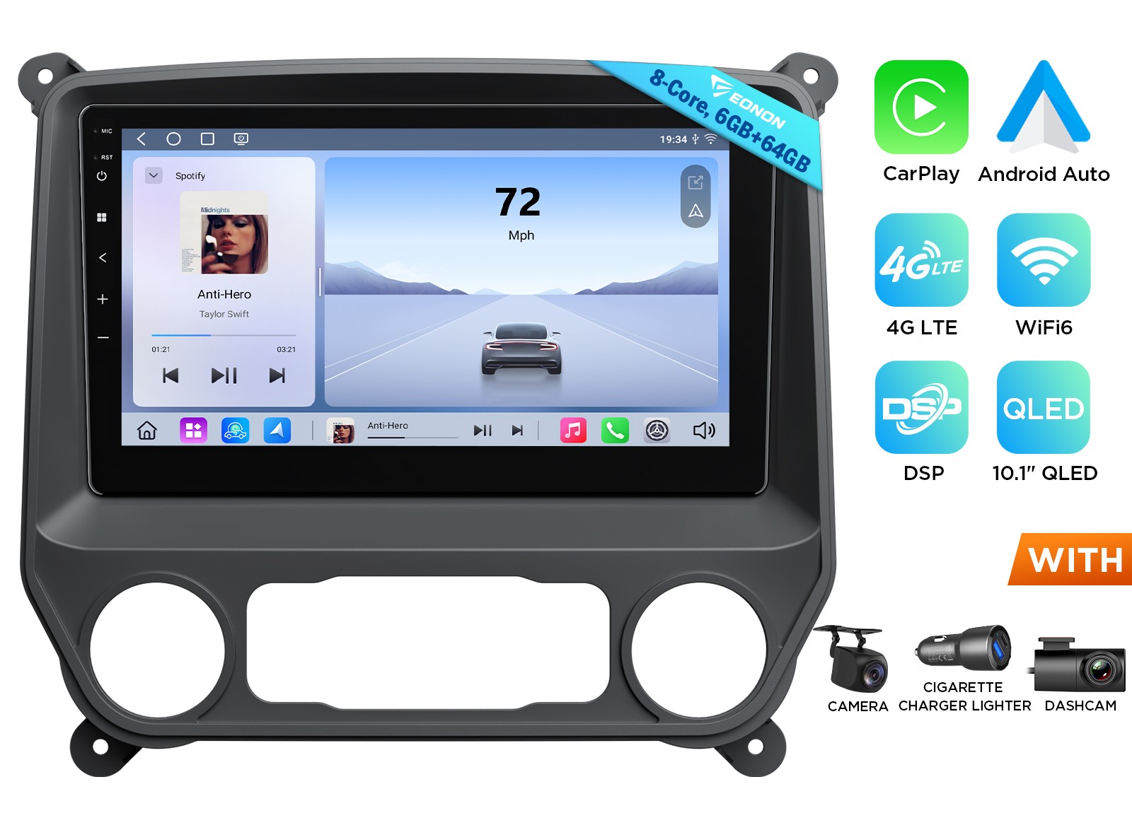 Eonon 10.1″ QLED 6+64 Android Car Stereo for Silverado 2014-2018 CarPlay Camera