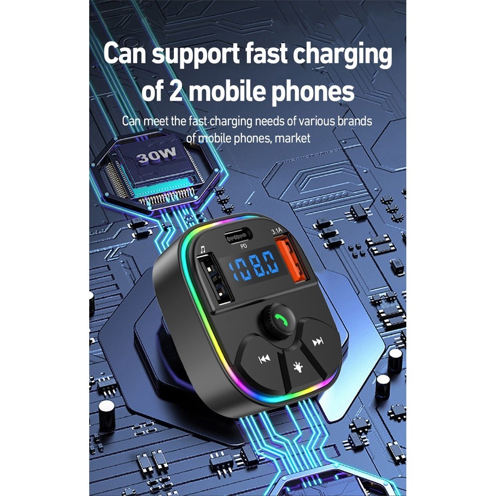 Wireless Car for fm Transmitter with Dual USB A and USBC Charging Ports MP3