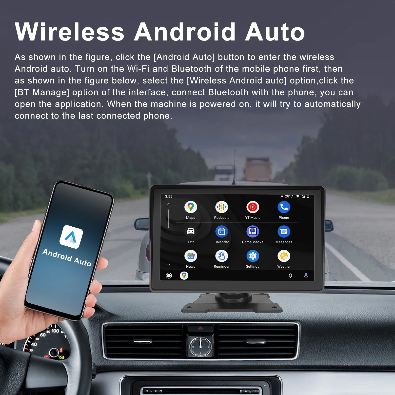 Podofo 7” Wireless CarPlay Android Auto MP5 Monitor Bluetooth FM USB Camera