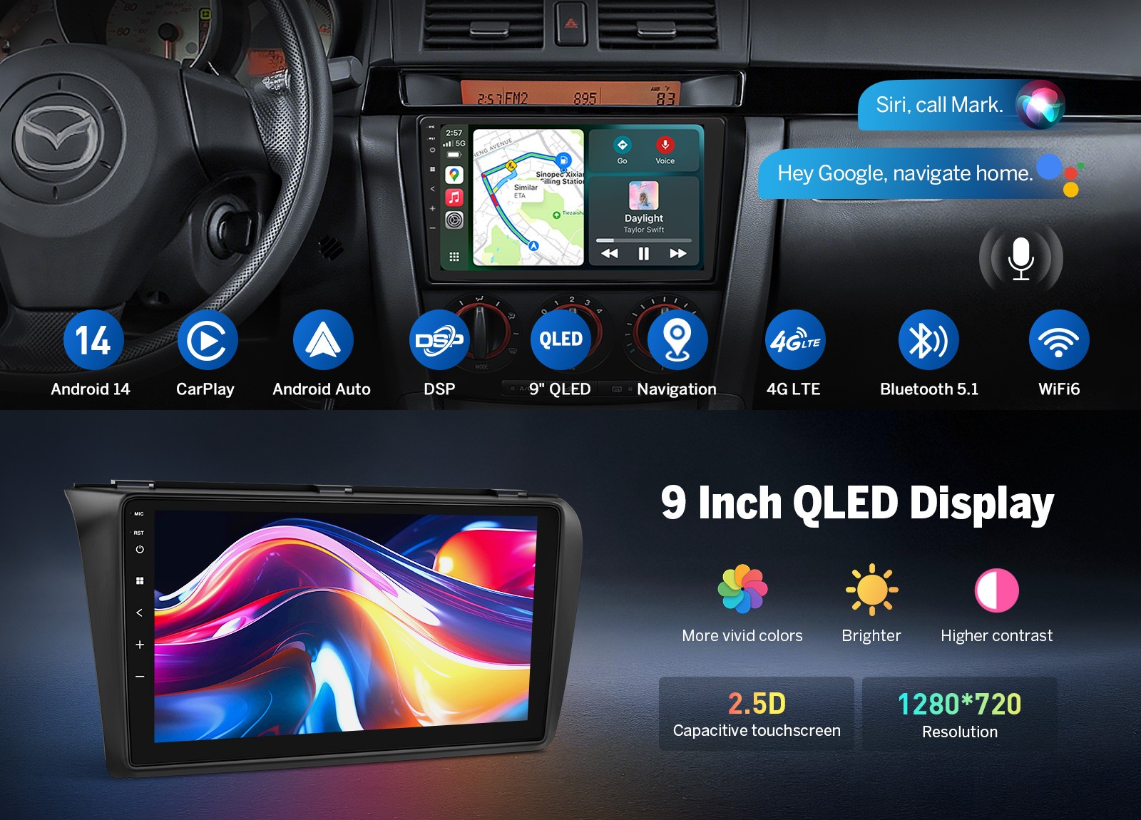 9″ QLED 6+64 Android 14 Car Stereo CarPlay GPS Radio for Mazda Mazdaspeed3 04-09
