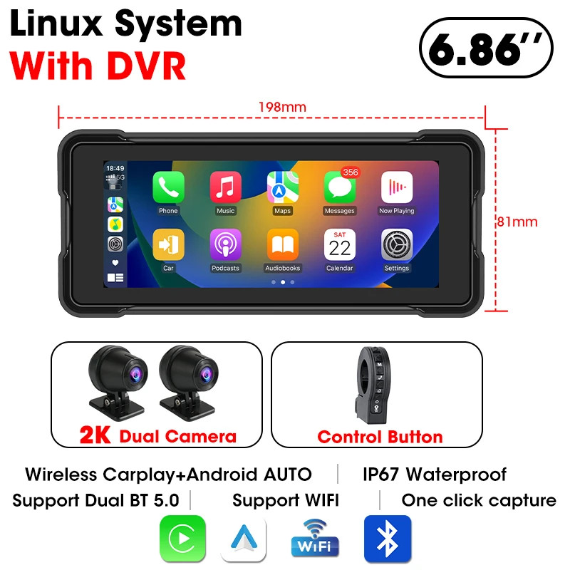 Portable 6.86 inch Motorcycle DVR GPS Navigation 2K Camera Wireless Android