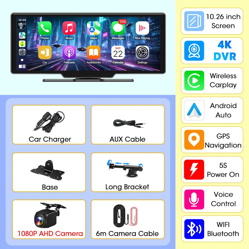 Jansite New 10.26” 4K Dashcam Wireless CarPlay Rearview Dual Lens DVR WiFi GPS