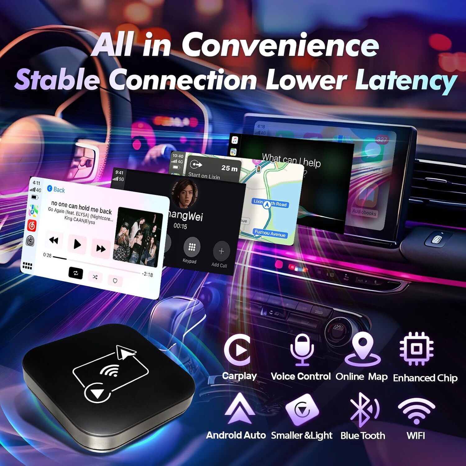 Black Wireless CarPlay AI box Android Auto WIFI Adapter Converter Plug and Play
