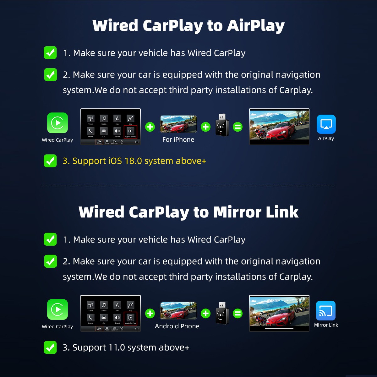 USB Wireless CarPlay Adapter for Apple iPhone / Android Auto Adapter Plug & Play