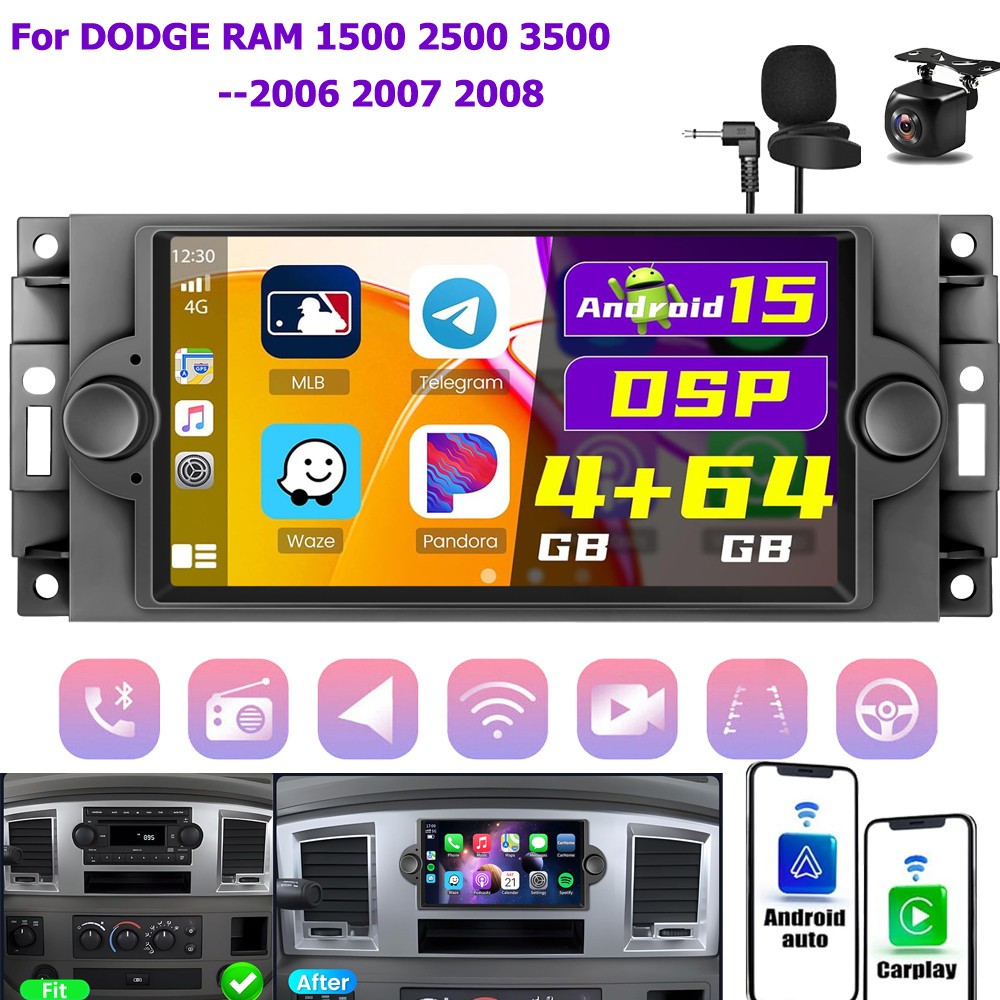 For 2006 2007 2008 DODGE RAM 1500 2500 3500 CarPlay Android 15 Radio GPS SWC