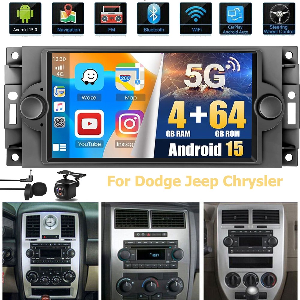 4+64G Android 15 Car Stereo Radio Carplay Navi GPS For Dodge Jeep Chrysler +Cam
