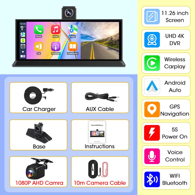 Janstie 11.26 inch Car DVR 4K Camera Rotatable Lens Recorder GPS Dashboard