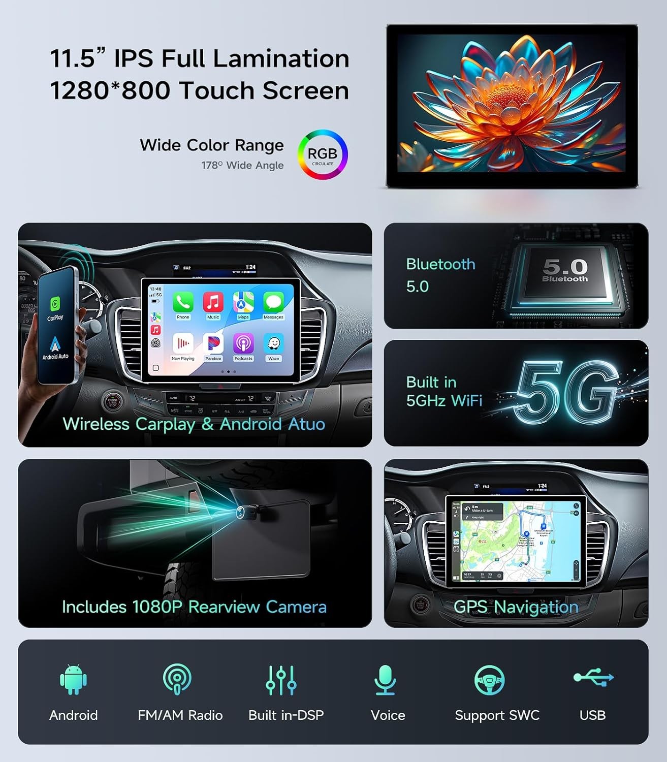 Car Radio Stereo Honda Accord 2013-2017 CarPlay Android Auto 11.5″ Backup Camera