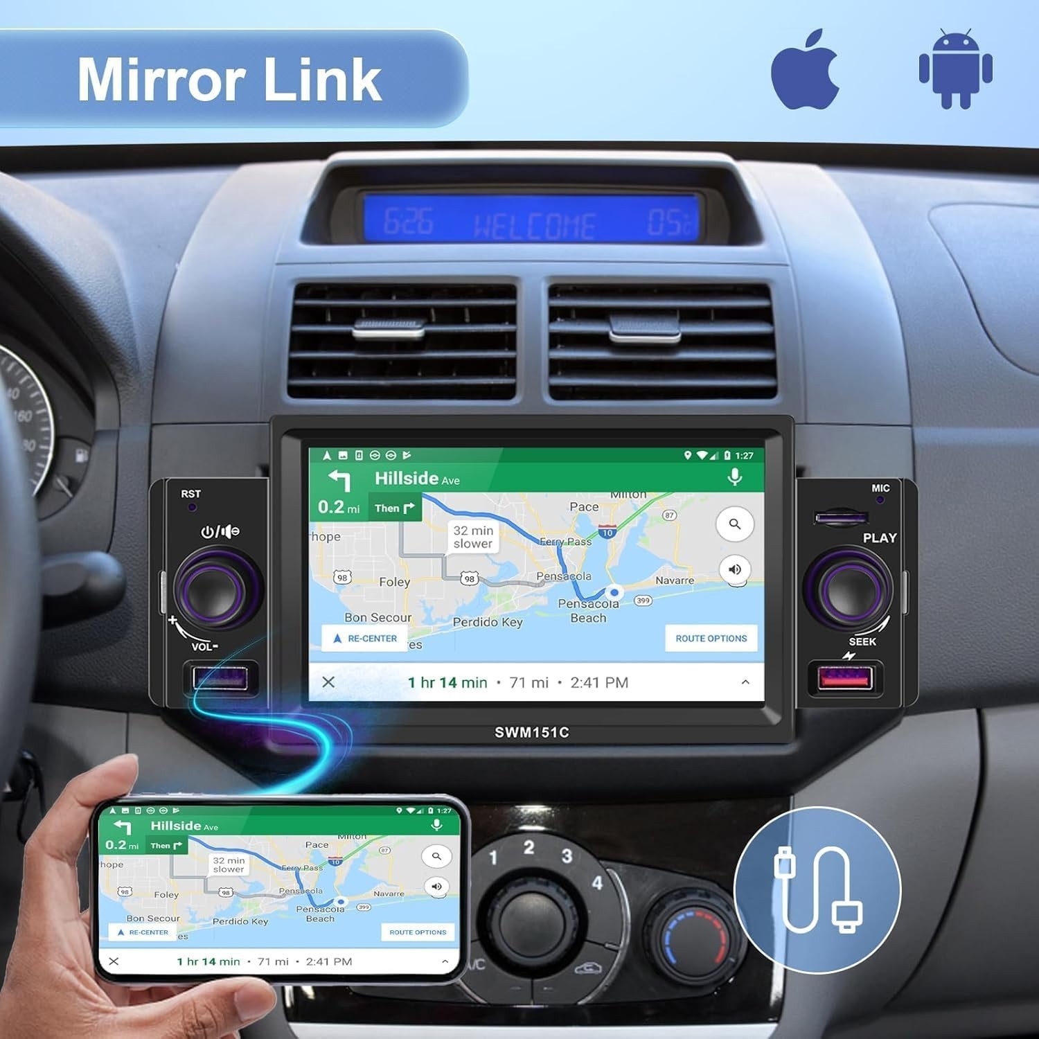 Single Din 5 inch Wired CarPlay Android Auto Car Stereo Touchscreen Bluetooth
