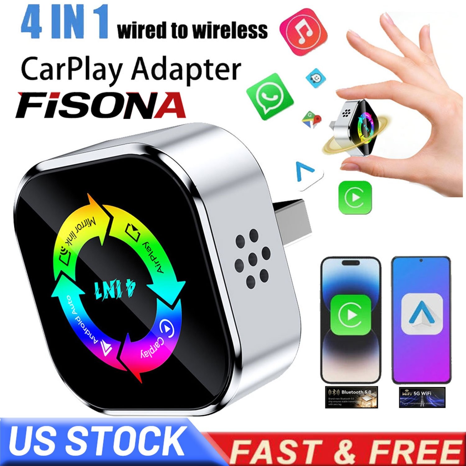 Wireless CarPlay Adapter for Apple iPhone & Android Auto USB Adapter Plug & Play
